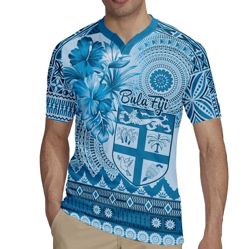 Vintage Bula Fiji Personalised Rugby Jersey Blue Hibiscus Tapa Pattern