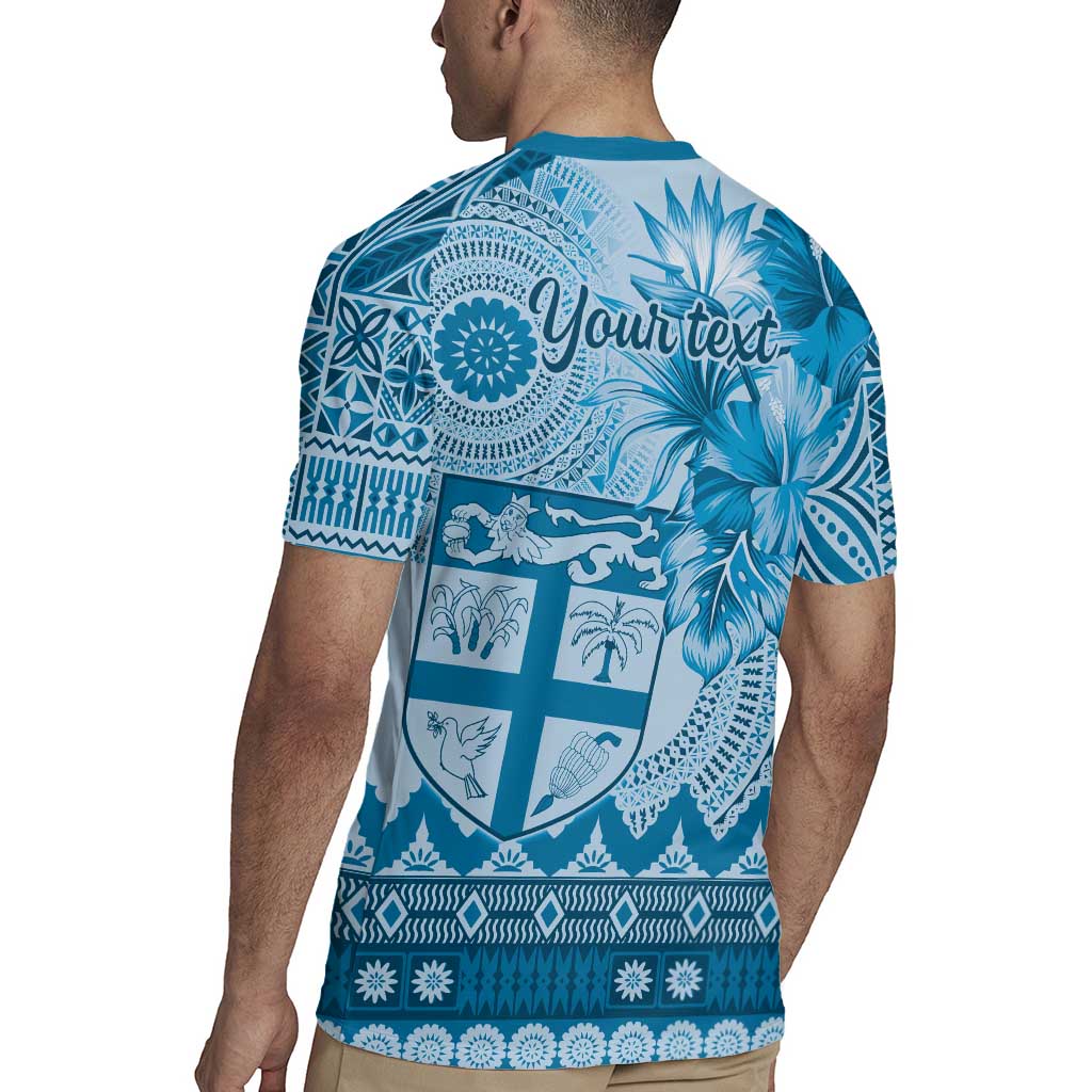 Vintage Bula Fiji Personalised Rugby Jersey Blue Hibiscus Tapa Pattern