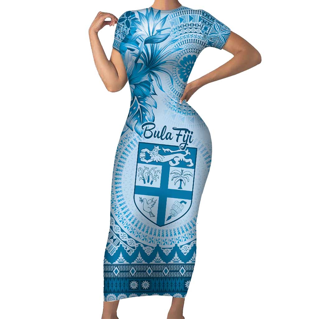 Vintage Bula Fiji Personalised Short Sleeve Bodycon Dress Blue Hibiscus Tapa Pattern