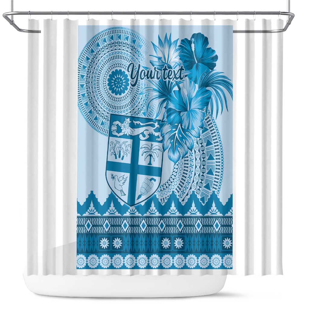 Vintage Bula Fiji Personalised Shower Curtain Blue Hibiscus Tapa Pattern