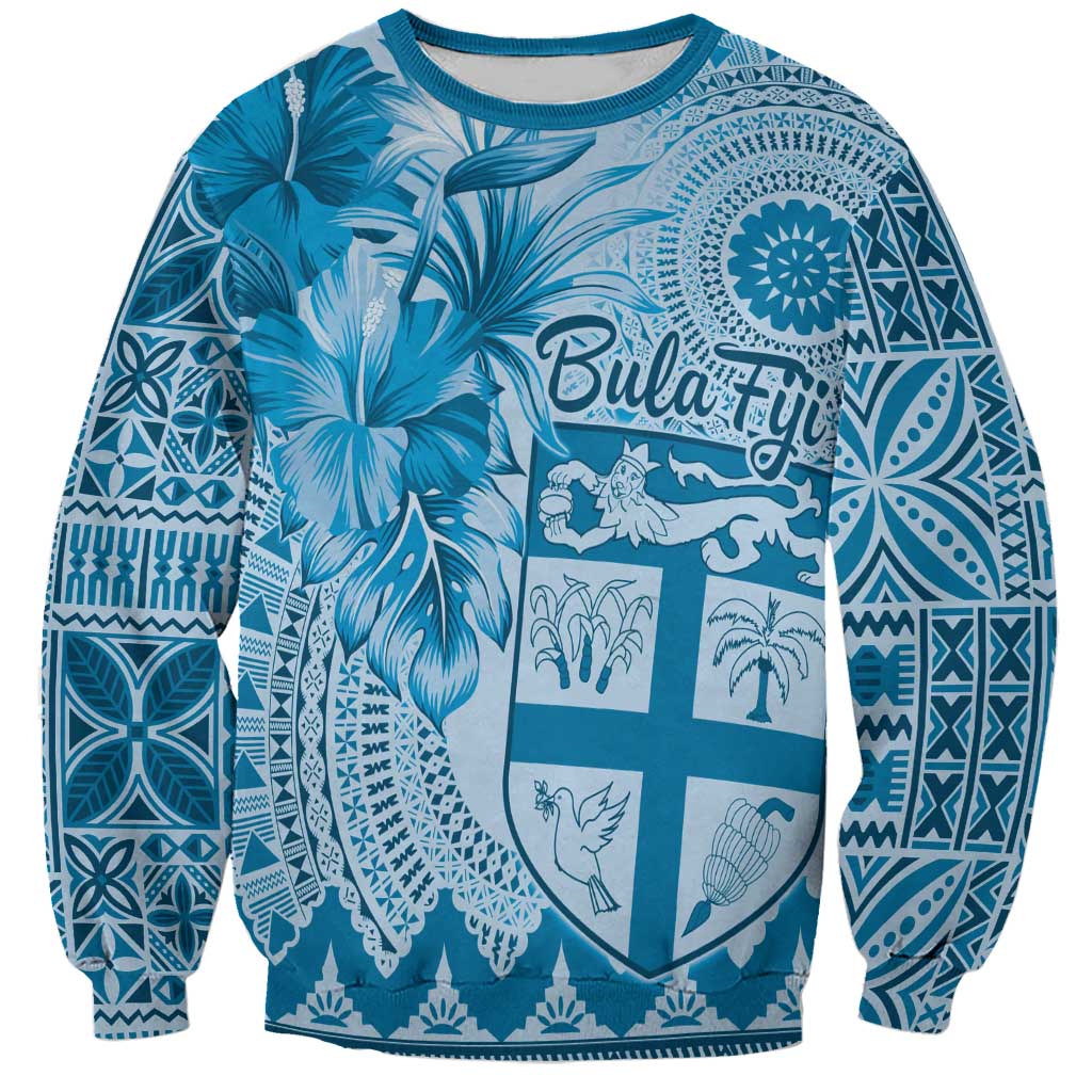 Vintage Bula Fiji Personalised Sweatshirt Blue Hibiscus Tapa Pattern