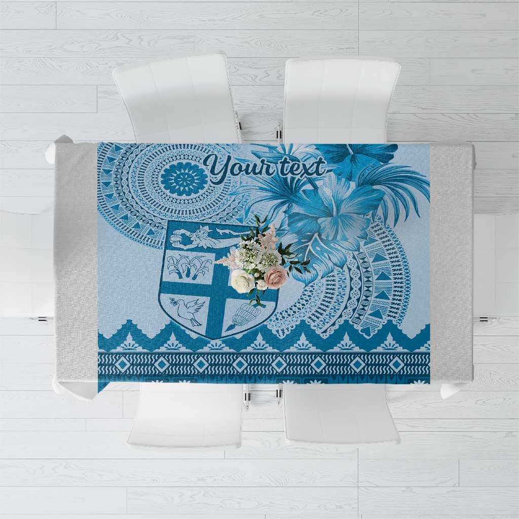 Vintage Bula Fiji Personalised Tablecloth Blue Hibiscus Tapa Pattern
