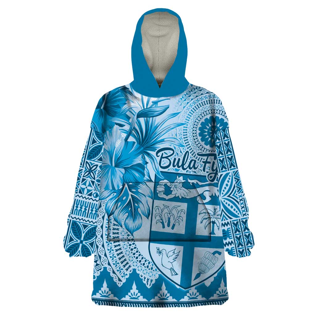 Vintage Bula Fiji Personalised Wearable Blanket Hoodie Blue Hibiscus Tapa Pattern