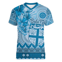 Vintage Bula Fiji Personalised Women V-Neck T-Shirt Blue Hibiscus Tapa Pattern
