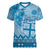 Vintage Bula Fiji Personalised Women V-Neck T-Shirt Blue Hibiscus Tapa Pattern