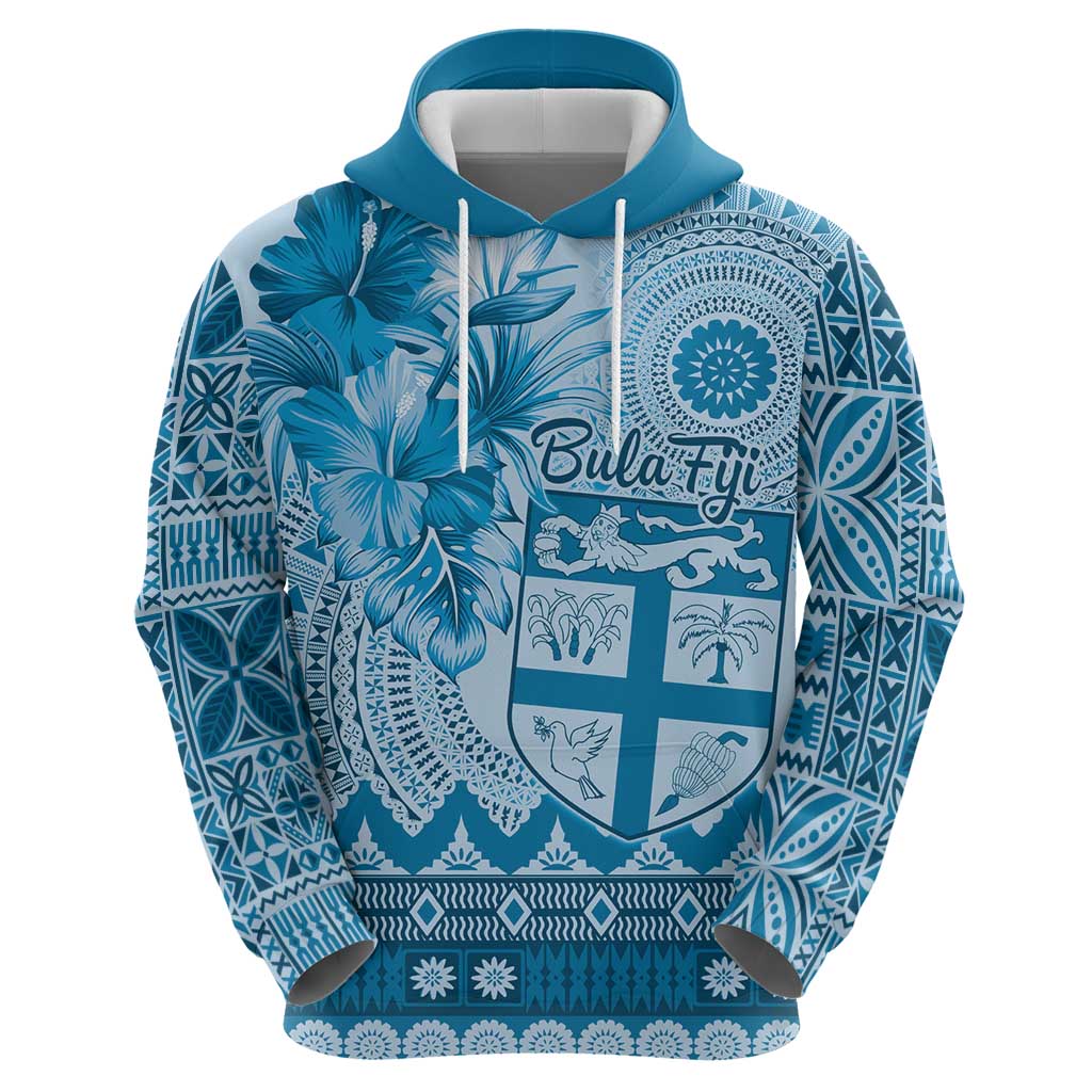 Vintage Bula Fiji Personalised Zip Hoodie Blue Hibiscus Tapa Pattern