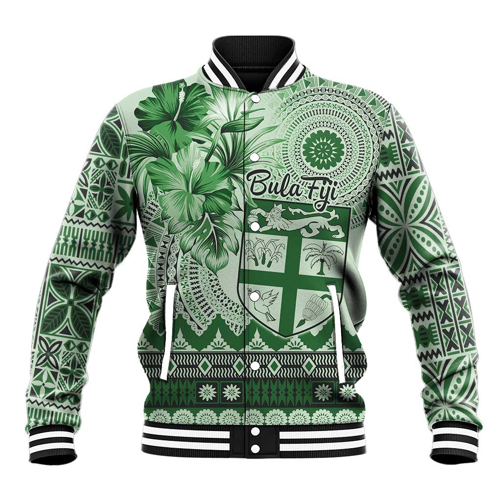 Vintage Bula Fiji Personalised Baseball Jacket Green Hibiscus Tapa Pattern