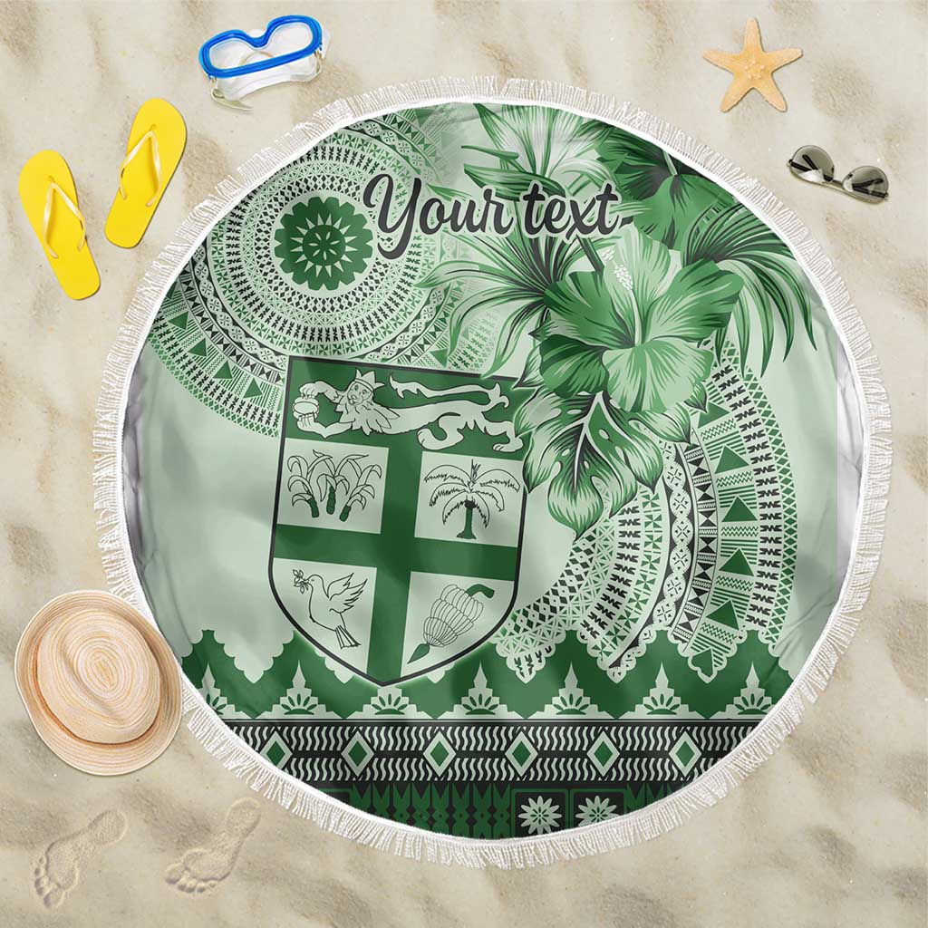 Vintage Bula Fiji Personalised Beach Blanket Green Hibiscus Tapa Pattern