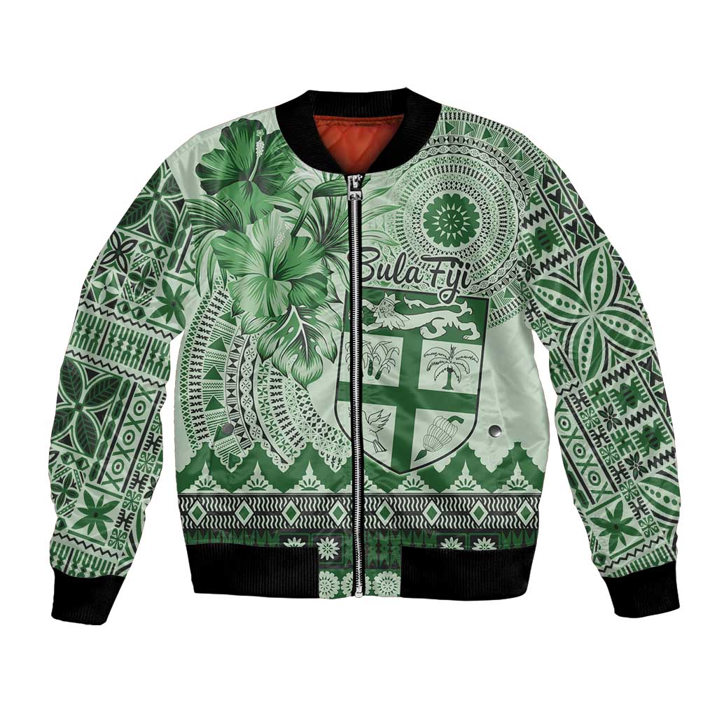 Vintage Bula Fiji Personalised Bomber Jacket Green Hibiscus Tapa Pattern