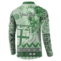 Vintage Bula Fiji Personalised Button Sweatshirt Green Hibiscus Tapa Pattern