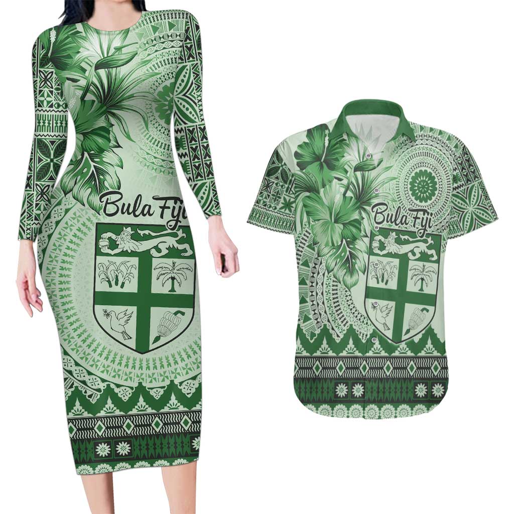 Vintage Bula Fiji Personalised Couples Matching Long Sleeve Bodycon Dress and Hawaiian Shirt Green Hibiscus Tapa Pattern