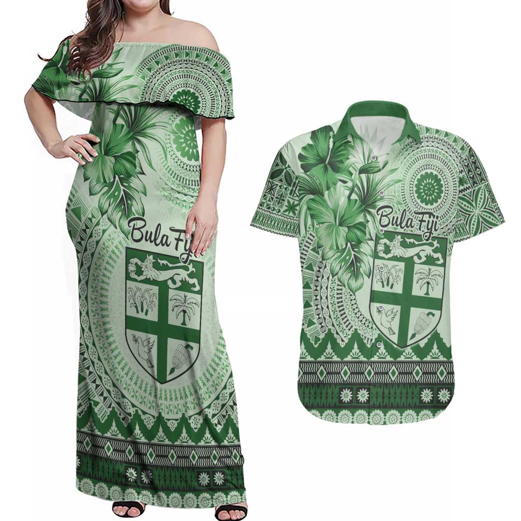 Vintage Bula Fiji Personalised Couples Matching Off Shoulder Maxi Dress and Hawaiian Shirt Green Hibiscus Tapa Pattern