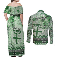 Vintage Bula Fiji Personalised Couples Matching Off Shoulder Maxi Dress and Long Sleeve Button Shirt Green Hibiscus Tapa Pattern