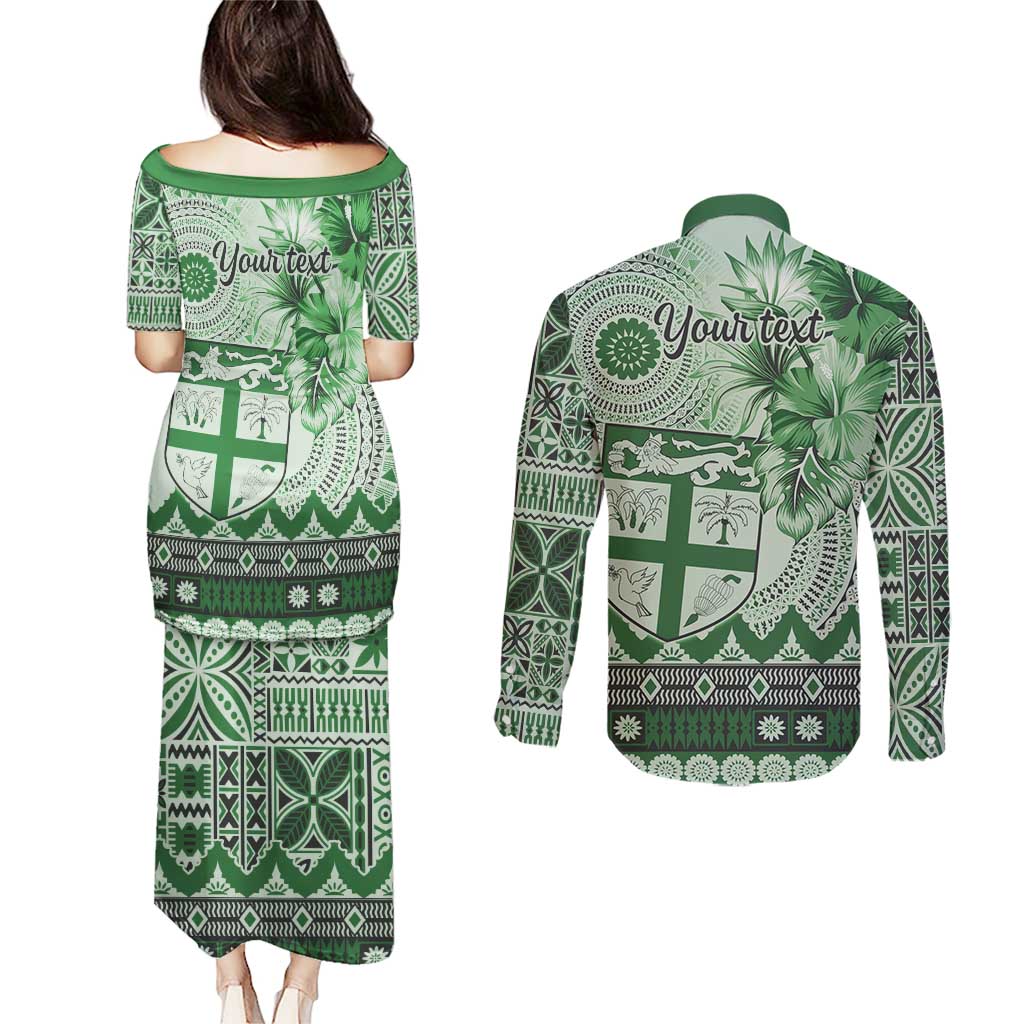 Vintage Bula Fiji Personalised Couples Matching Puletasi and Long Sleeve Button Shirt Green Hibiscus Tapa Pattern