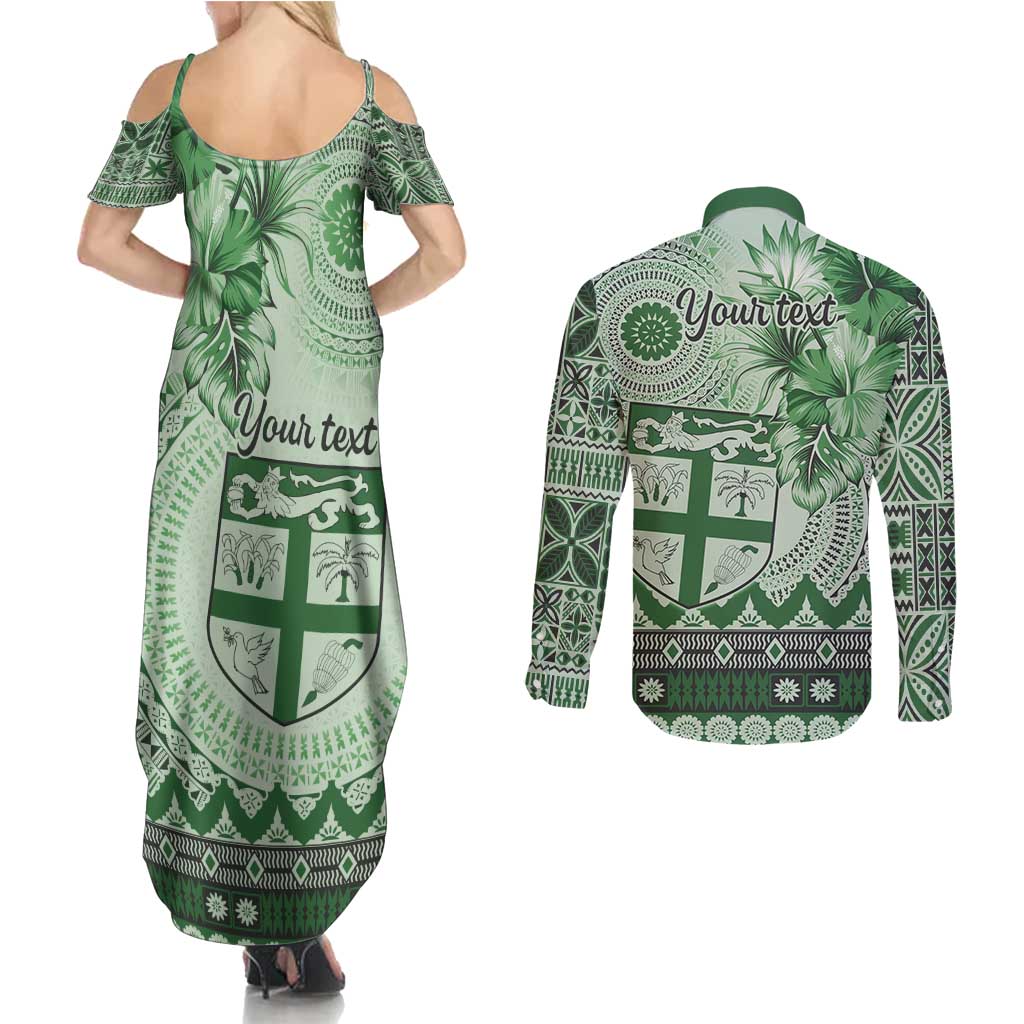 Vintage Bula Fiji Personalised Couples Matching Summer Maxi Dress and Long Sleeve Button Shirt Green Hibiscus Tapa Pattern