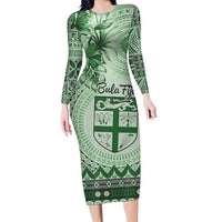 Vintage Bula Fiji Personalised Family Matching Long Sleeve Bodycon Dress and Hawaiian Shirt Green Hibiscus Tapa Pattern