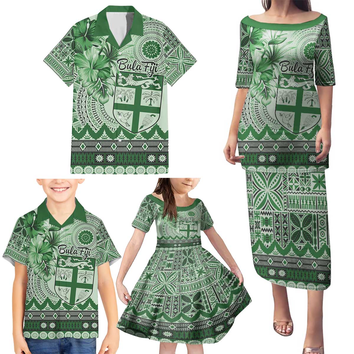 Vintage Bula Fiji Personalised Family Matching Puletasi and Hawaiian Shirt Green Hibiscus Tapa Pattern