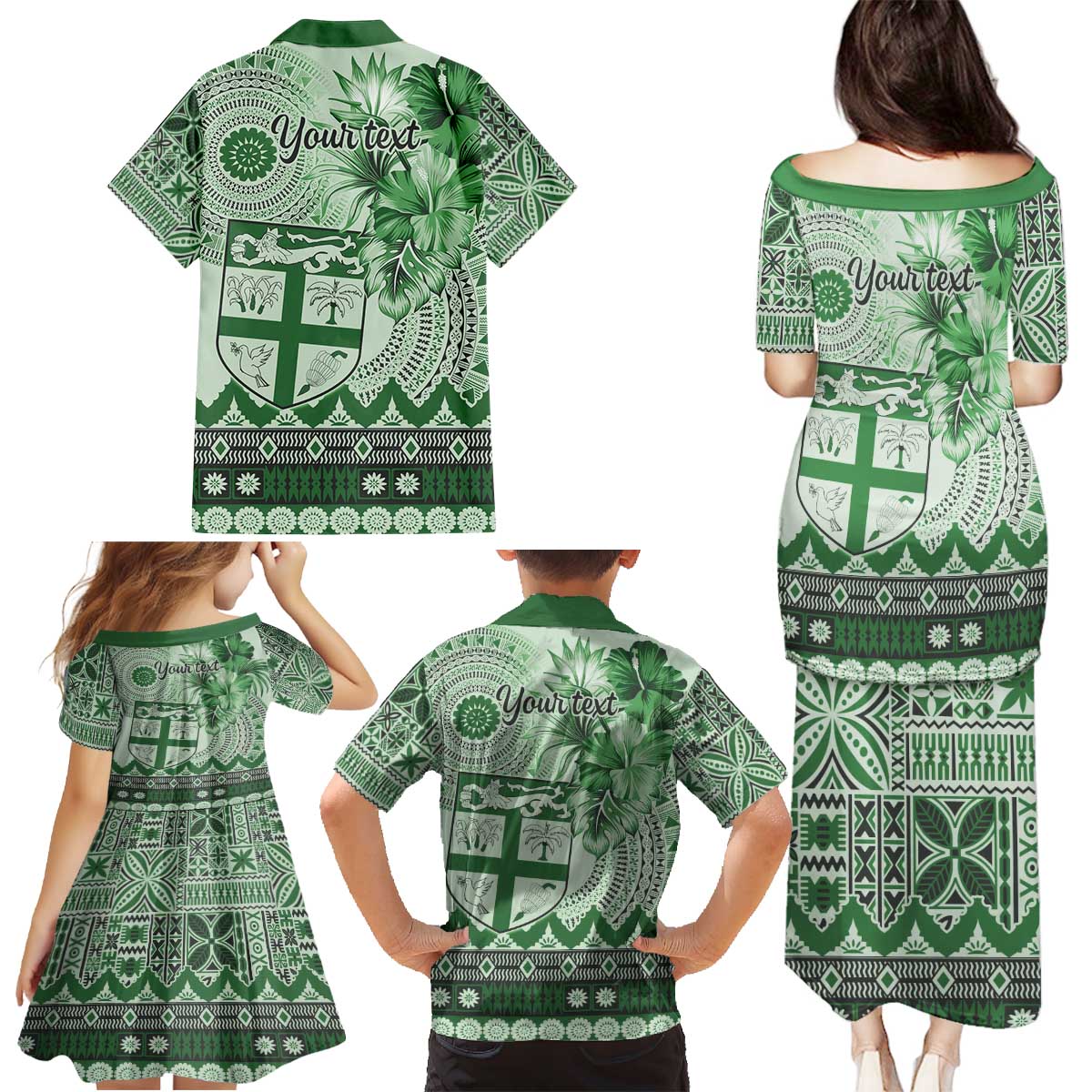 Vintage Bula Fiji Personalised Family Matching Puletasi and Hawaiian Shirt Green Hibiscus Tapa Pattern