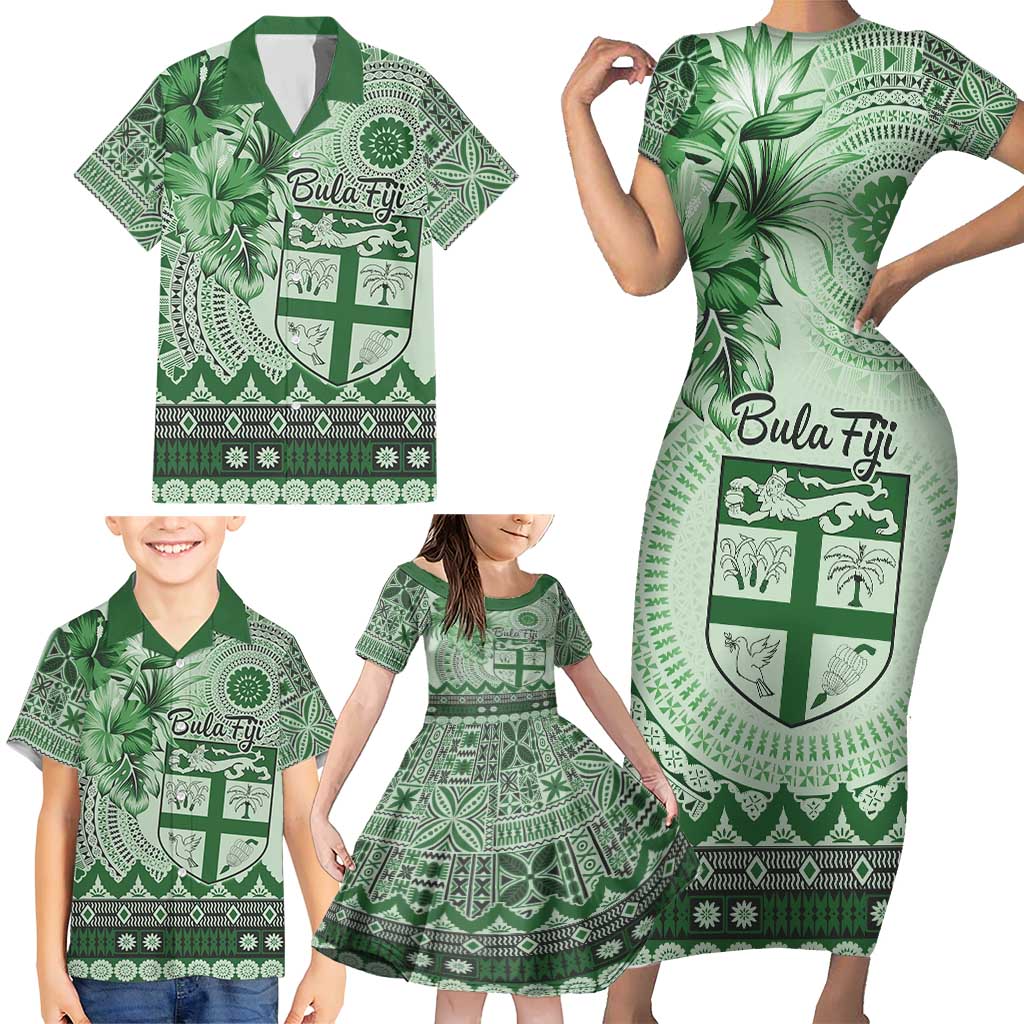 Vintage Bula Fiji Personalised Family Matching Short Sleeve Bodycon Dress and Hawaiian Shirt Green Hibiscus Tapa Pattern