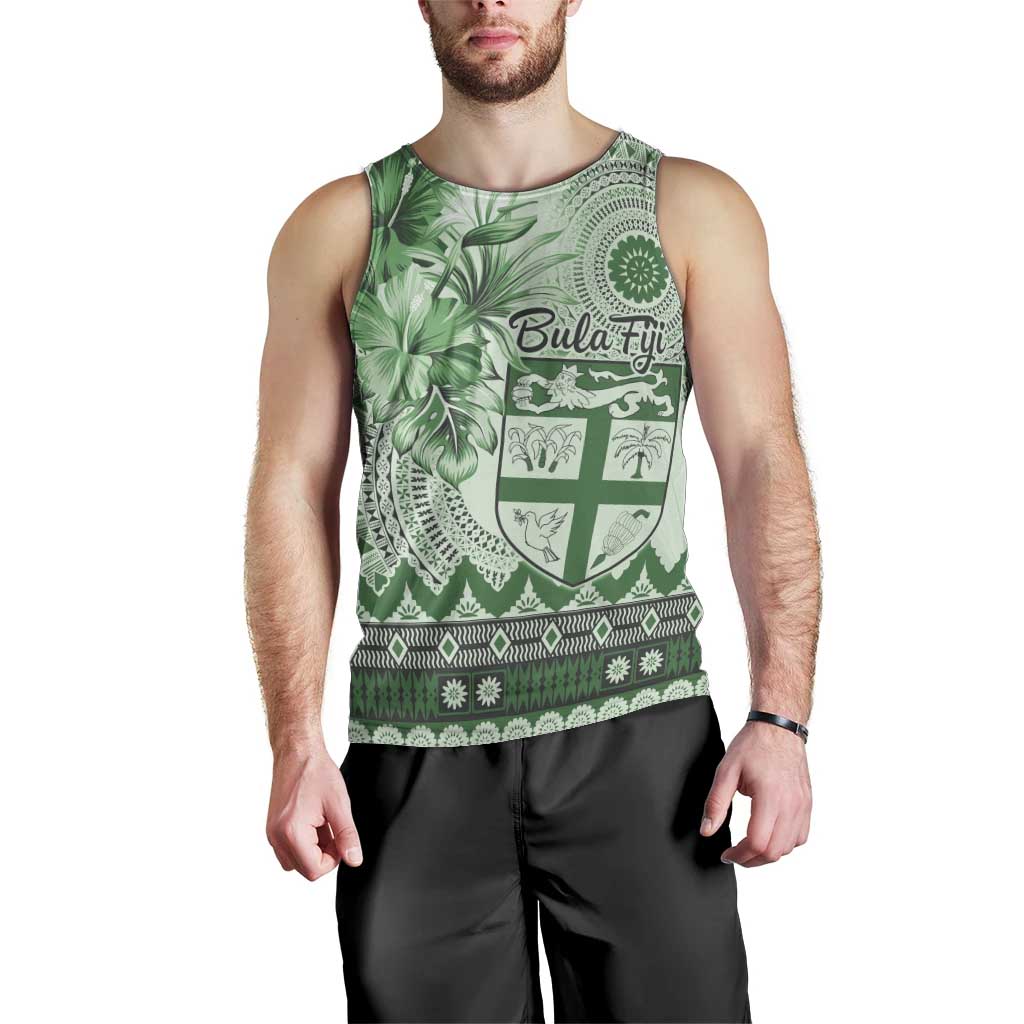 Vintage Bula Fiji Personalised Men Tank Top Green Hibiscus Tapa Pattern