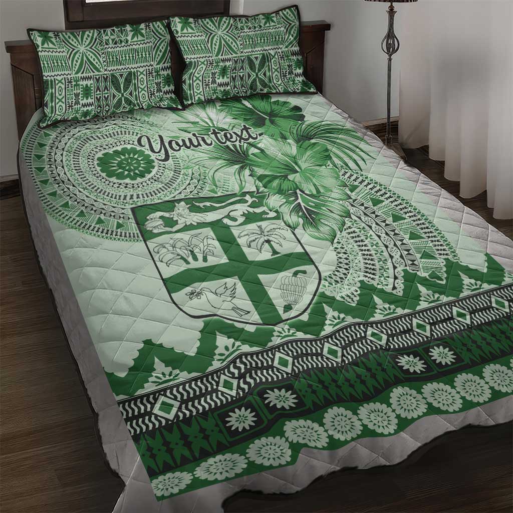 Vintage Bula Fiji Personalised Quilt Bed Set Green Hibiscus Tapa Pattern