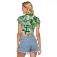 Vintage Bula Fiji Personalised Raglan Cropped T Shirt Green Hibiscus Tapa Pattern
