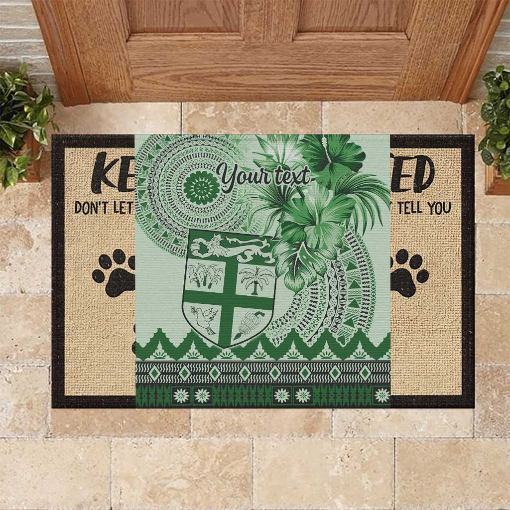 Vintage Bula Fiji Personalised Rubber Doormat Green Hibiscus Tapa Pattern