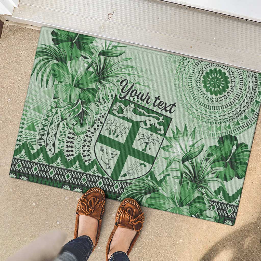 Vintage Bula Fiji Personalised Rubber Doormat Green Hibiscus Tapa Pattern LT9