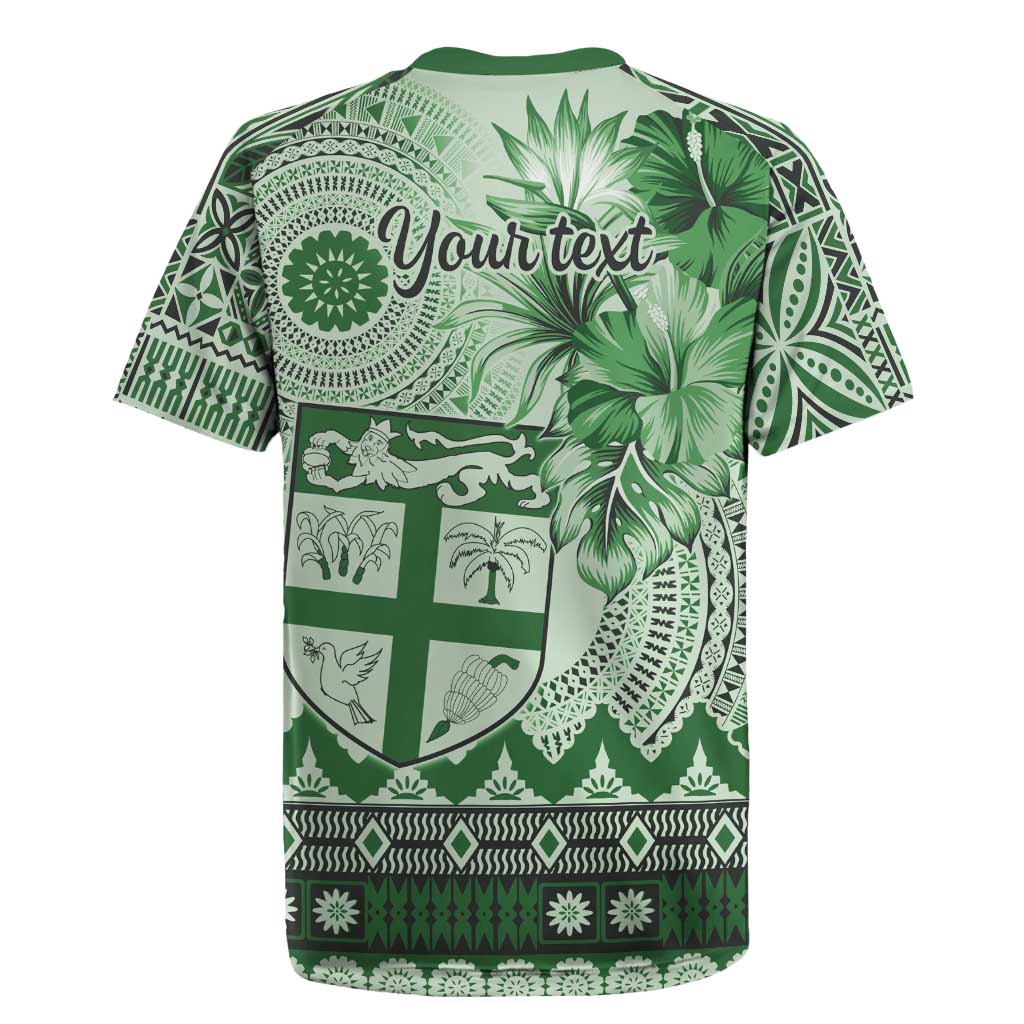 Vintage Bula Fiji Personalised Rugby Jersey Green Hibiscus Tapa Pattern
