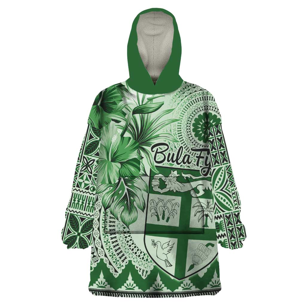 Vintage Bula Fiji Personalised Wearable Blanket Hoodie Green Hibiscus Tapa Pattern