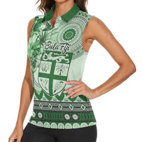 Vintage Bula Fiji Personalised Women Sleeveless Polo Shirt Green Hibiscus Tapa Pattern