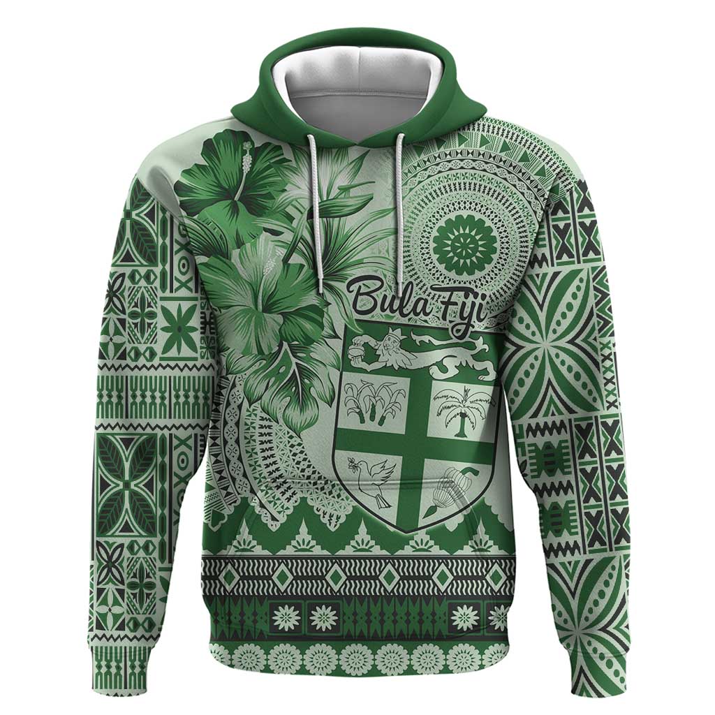 Vintage Bula Fiji Personalised Zip Hoodie Green Hibiscus Tapa Pattern