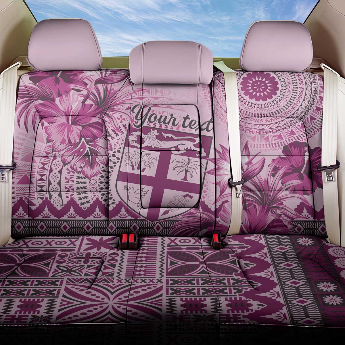 Vintage Bula Fiji Personalised Back Car Seat Cover Pink Hibiscus Tapa Pattern LT9