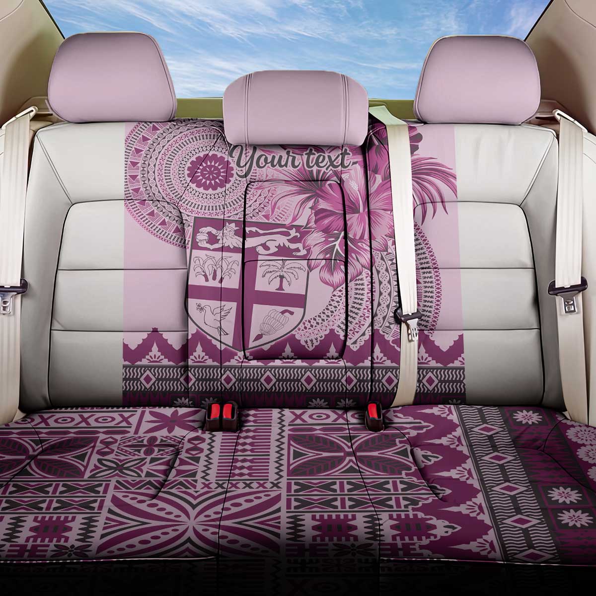 Vintage Bula Fiji Personalised Back Car Seat Cover Pink Hibiscus Tapa Pattern