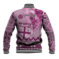 Vintage Bula Fiji Personalised Baseball Jacket Pink Hibiscus Tapa Pattern