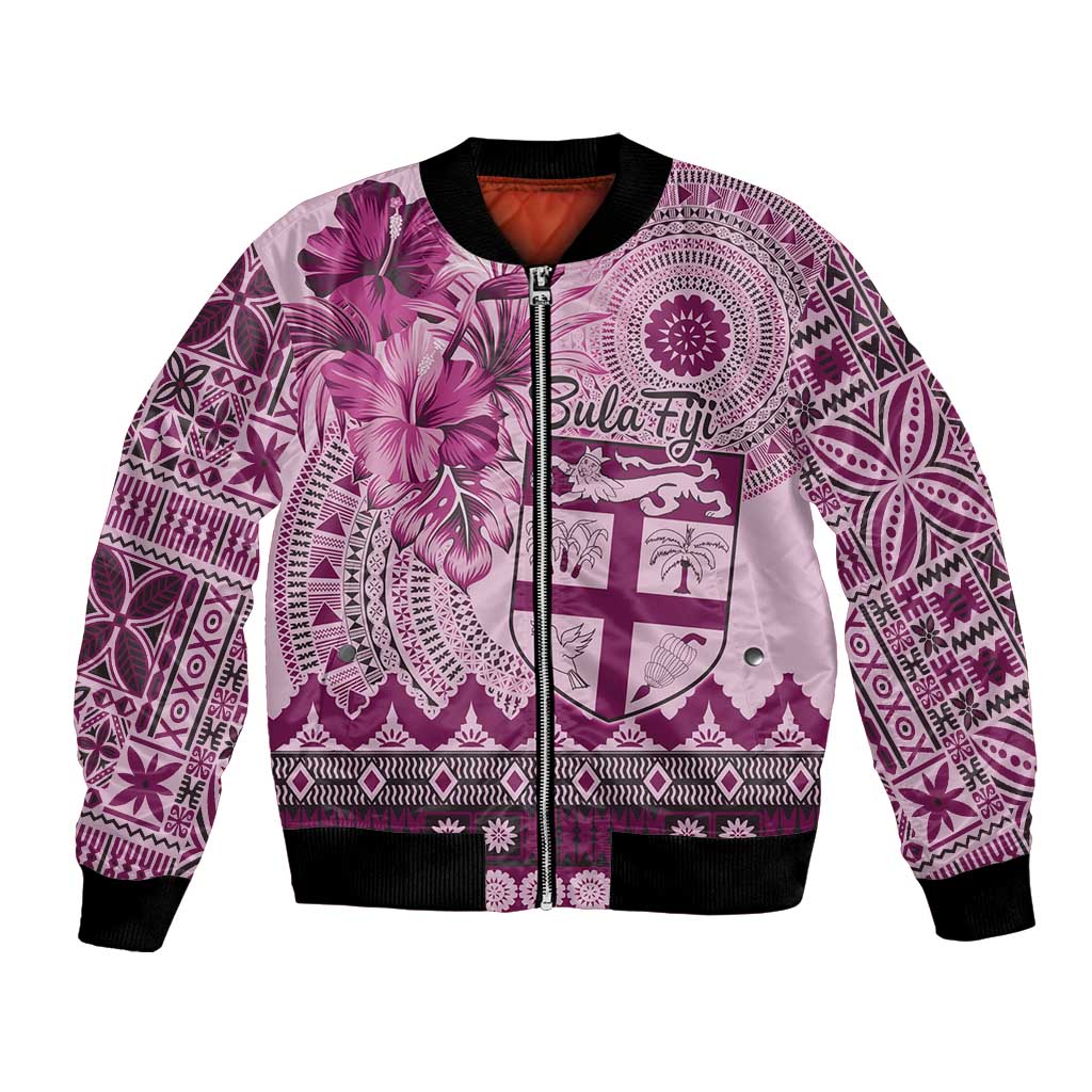 Vintage Bula Fiji Personalised Bomber Jacket Pink Hibiscus Tapa Pattern