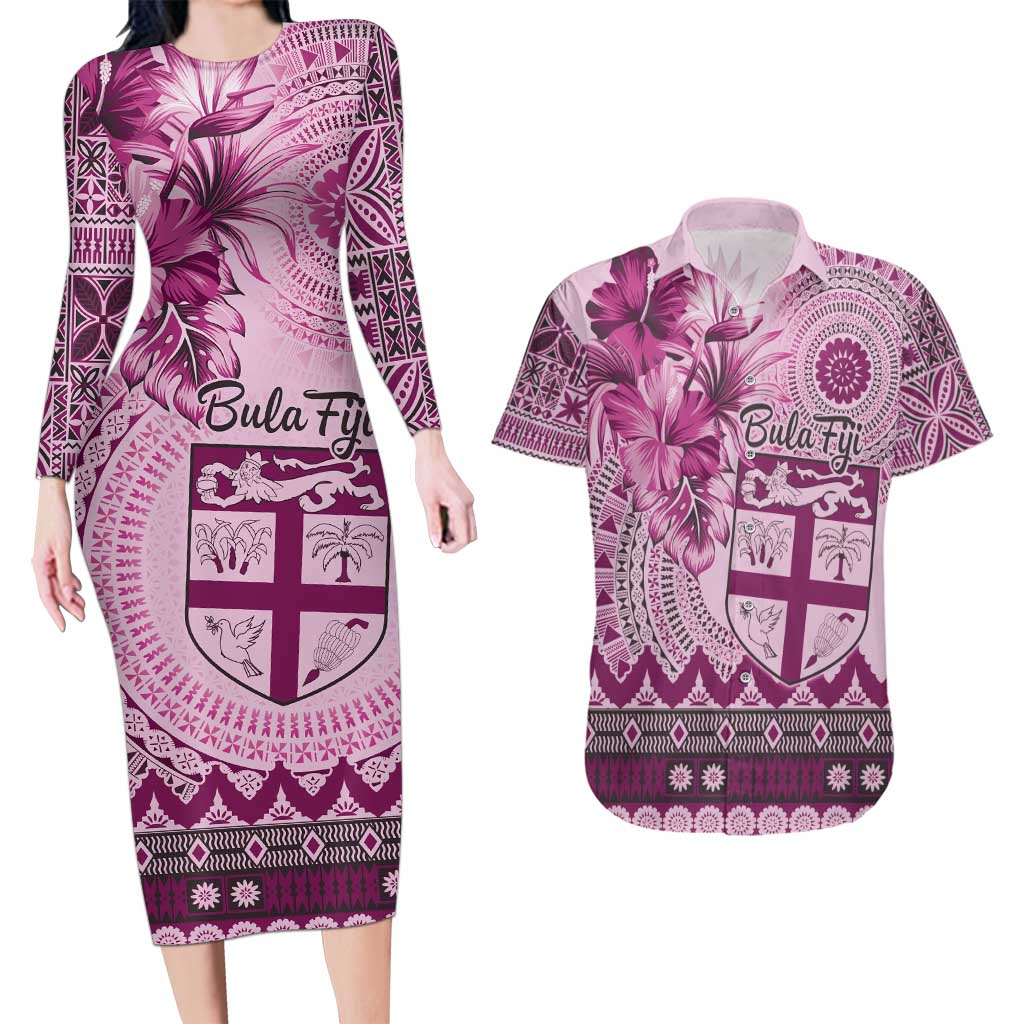 Vintage Bula Fiji Personalised Couples Matching Long Sleeve Bodycon Dress and Hawaiian Shirt Pink Hibiscus Tapa Pattern