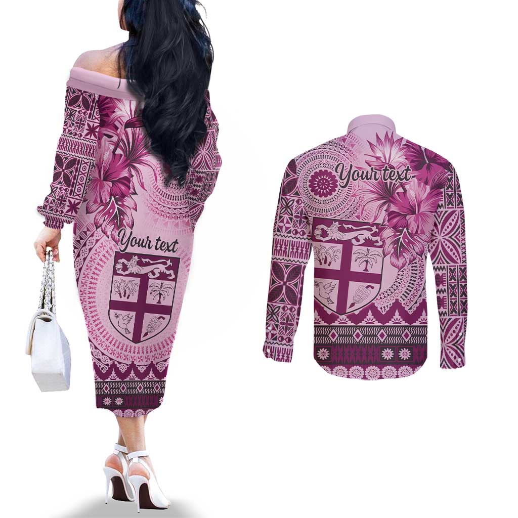 Vintage Bula Fiji Personalised Couples Matching Off The Shoulder Long Sleeve Dress and Long Sleeve Button Shirt Pink Hibiscus Tapa Pattern