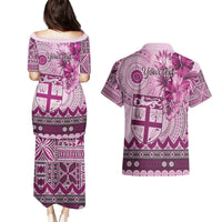 Vintage Bula Fiji Personalised Couples Matching Puletasi and Hawaiian Shirt Pink Hibiscus Tapa Pattern