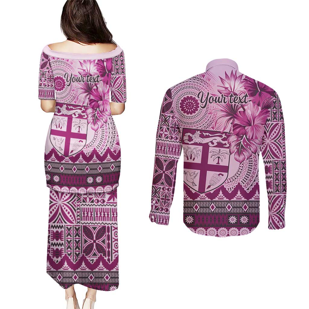 Vintage Bula Fiji Personalised Couples Matching Puletasi and Long Sleeve Button Shirt Pink Hibiscus Tapa Pattern