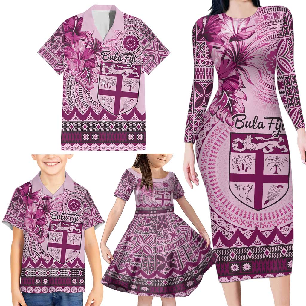 Vintage Bula Fiji Personalised Family Matching Long Sleeve Bodycon Dress and Hawaiian Shirt Pink Hibiscus Tapa Pattern