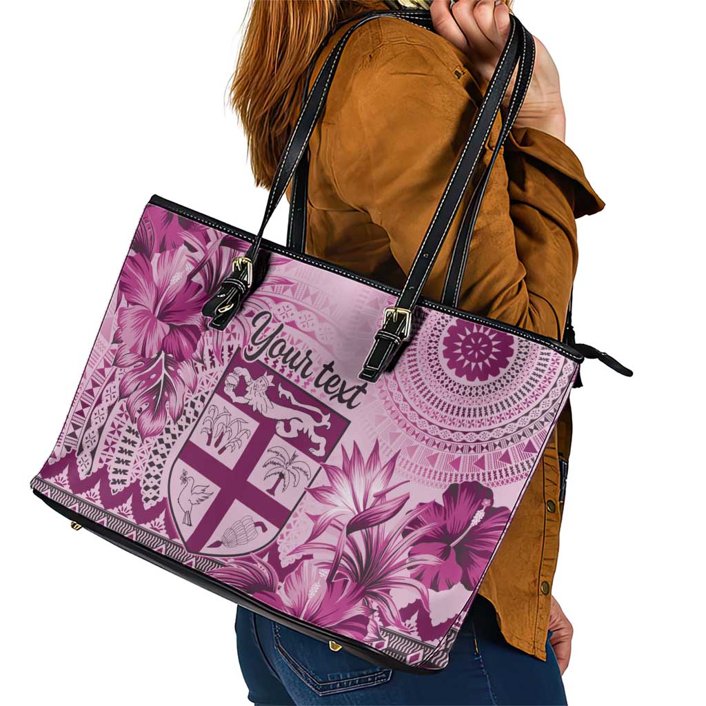 Vintage Bula Fiji Personalised Leather Tote Bag Pink Hibiscus Tapa Pattern LT9