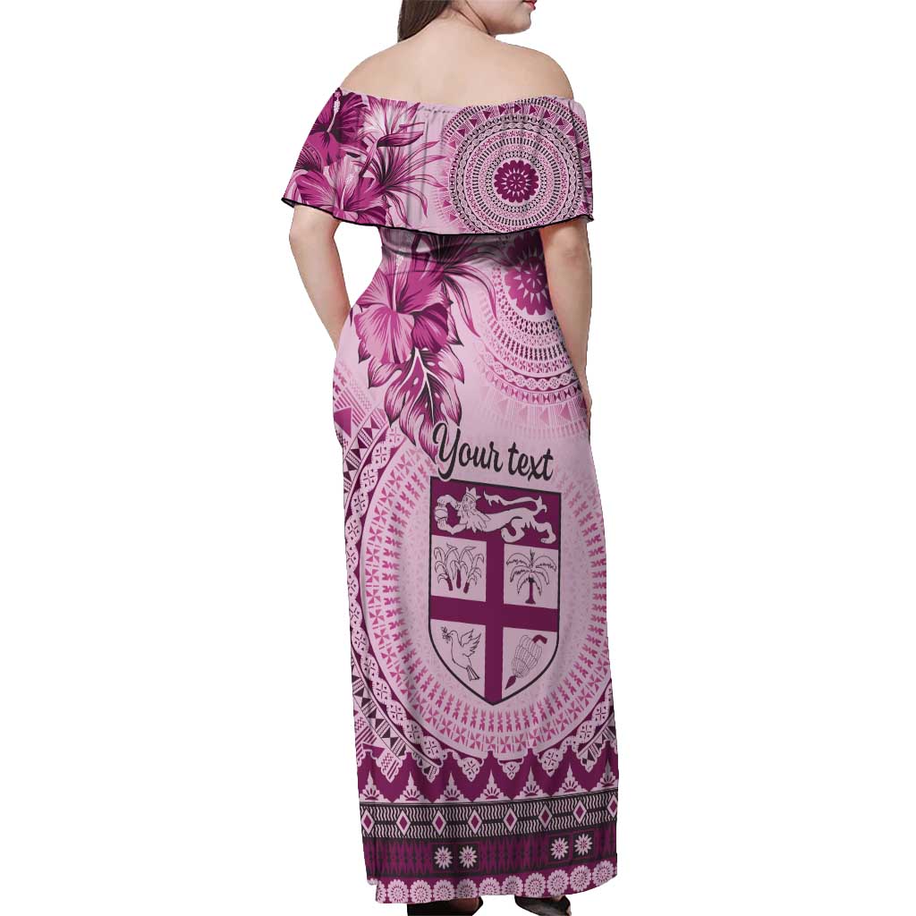 Vintage Bula Fiji Personalised Off Shoulder Maxi Dress Pink Hibiscus Tapa Pattern