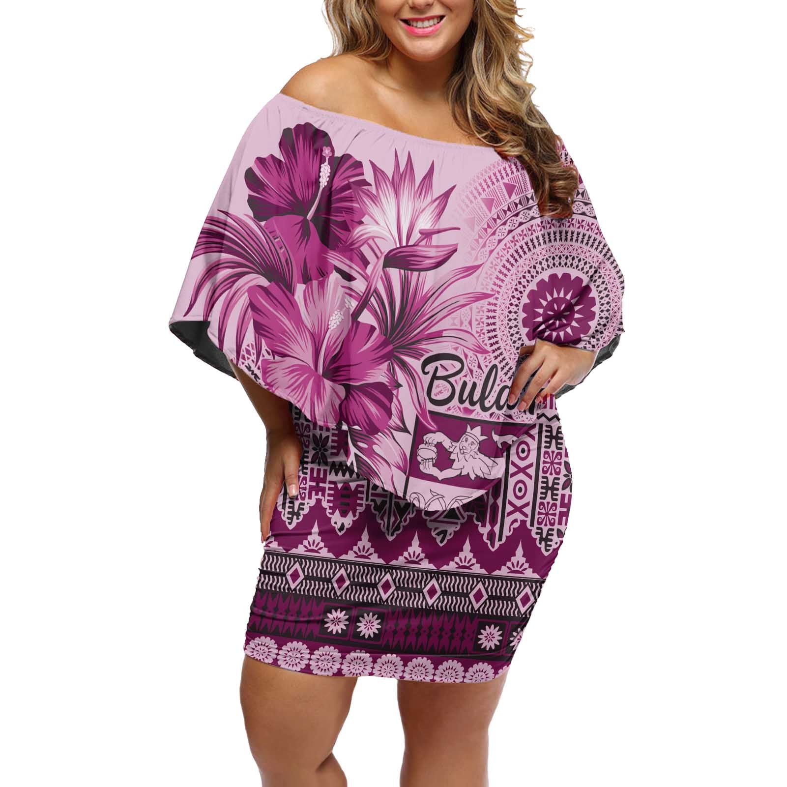 Vintage Bula Fiji Personalised Off Shoulder Short Dress Pink Hibiscus Tapa Pattern