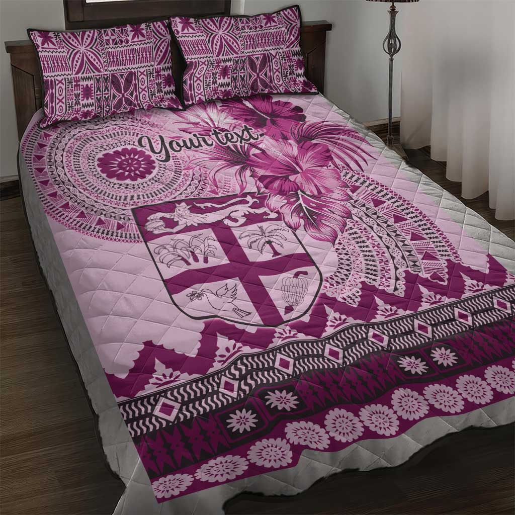 Vintage Bula Fiji Personalised Quilt Bed Set Pink Hibiscus Tapa Pattern