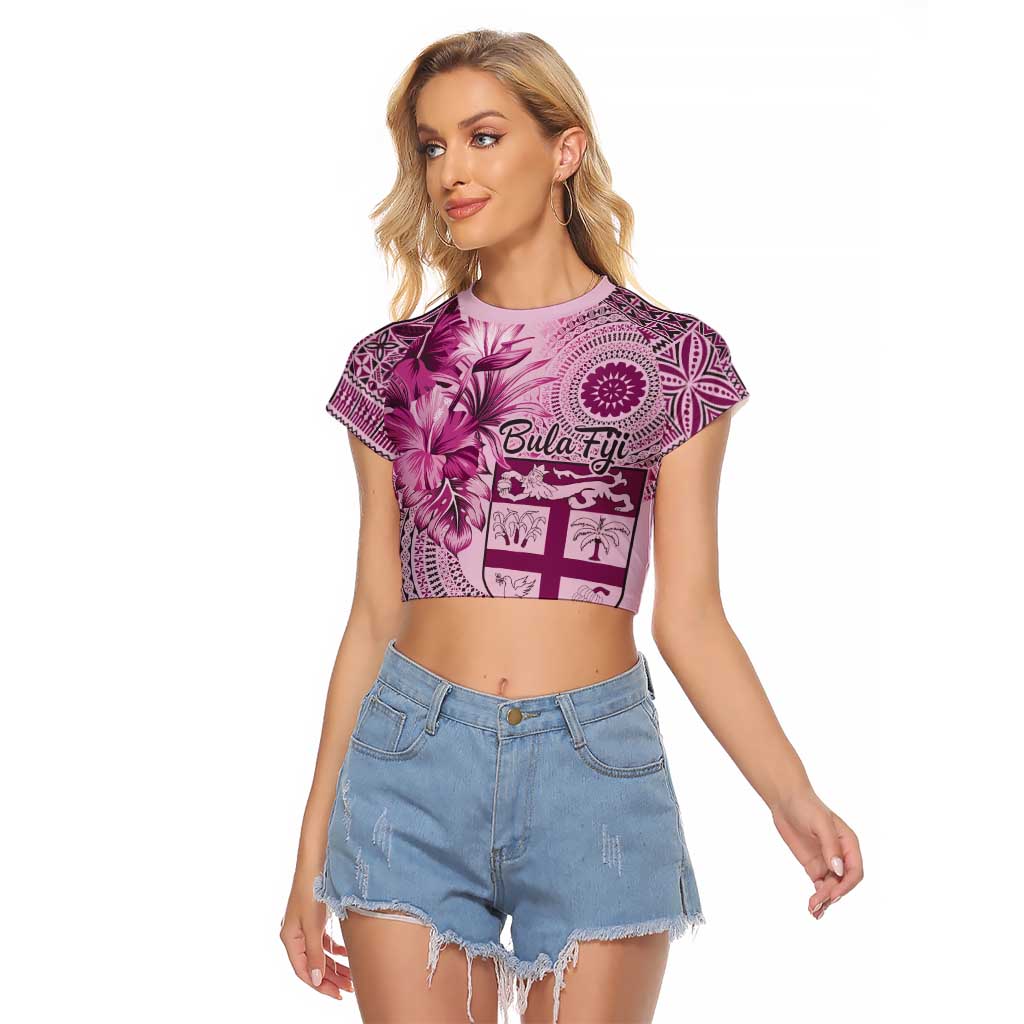 Vintage Bula Fiji Personalised Raglan Cropped T Shirt Pink Hibiscus Tapa Pattern