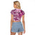 Vintage Bula Fiji Personalised Raglan Cropped T Shirt Pink Hibiscus Tapa Pattern