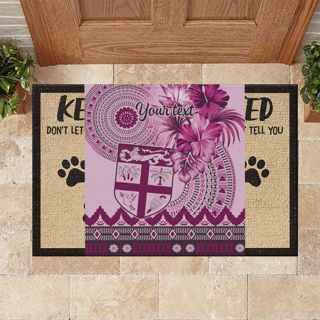 Vintage Bula Fiji Personalised Rubber Doormat Pink Hibiscus Tapa Pattern