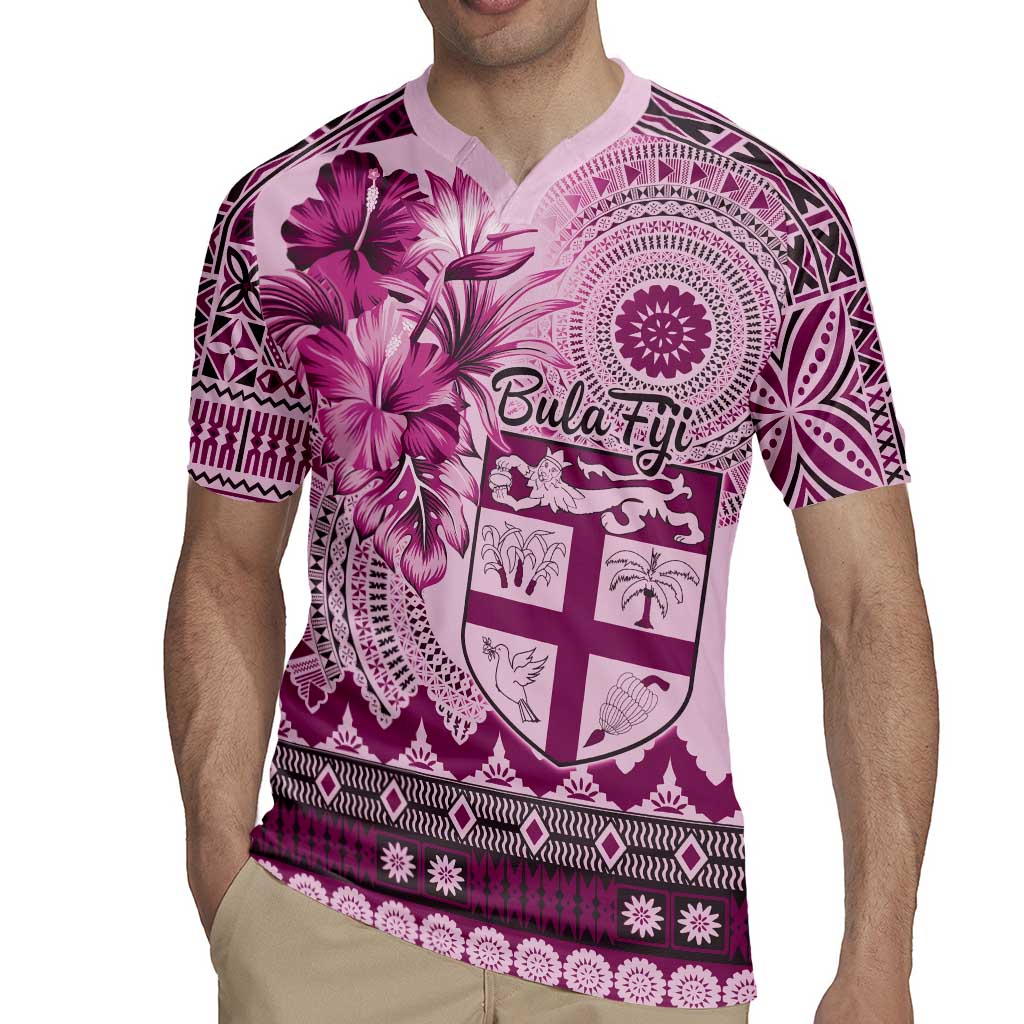 Vintage Bula Fiji Personalised Rugby Jersey Pink Hibiscus Tapa Pattern