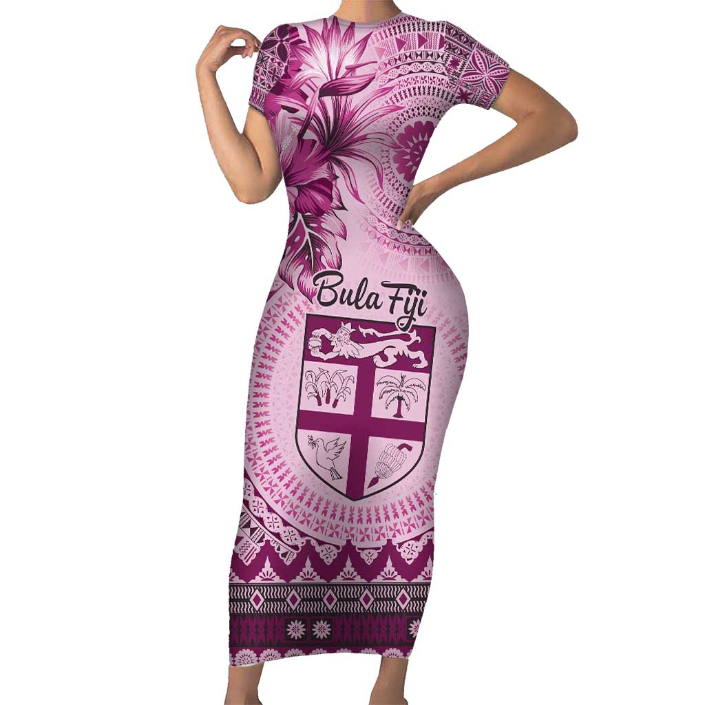 Vintage Bula Fiji Personalised Short Sleeve Bodycon Dress Pink Hibiscus Tapa Pattern